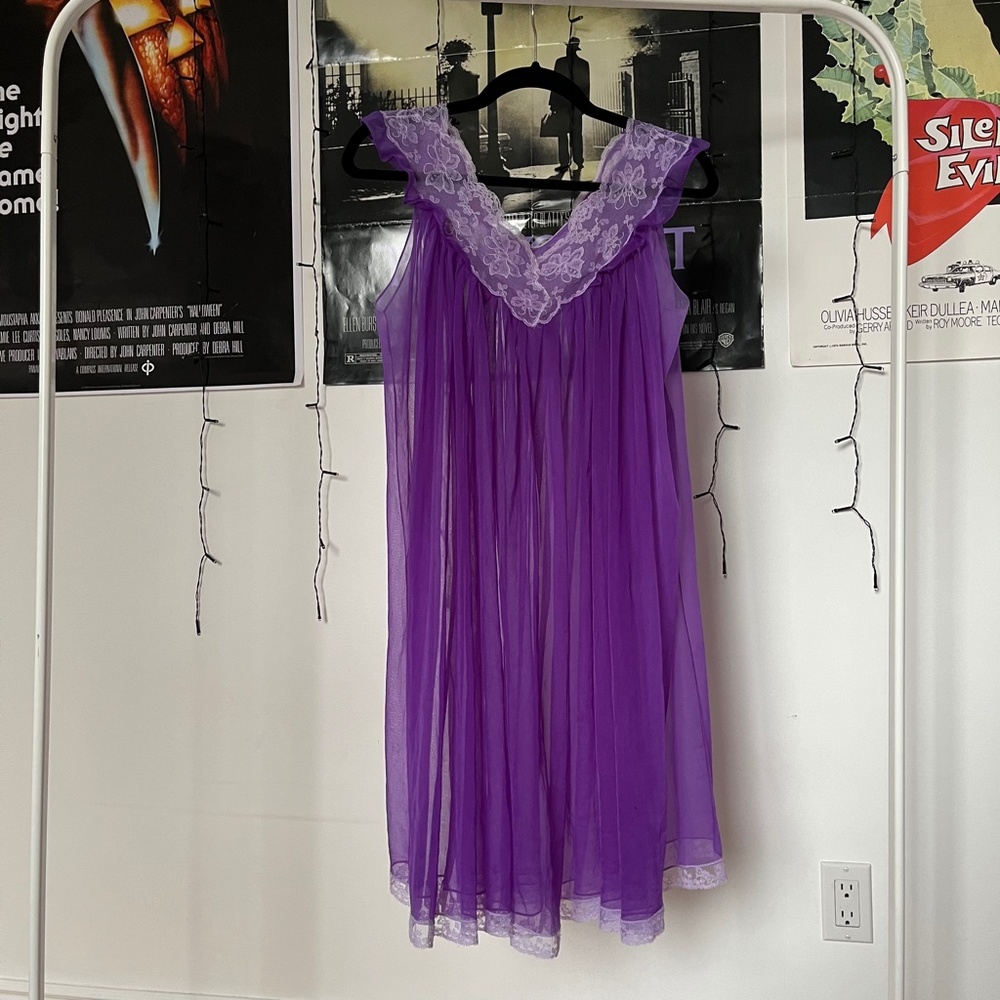 60s Vintage Sheer Purple Lace Babydoll Nightgown Dress